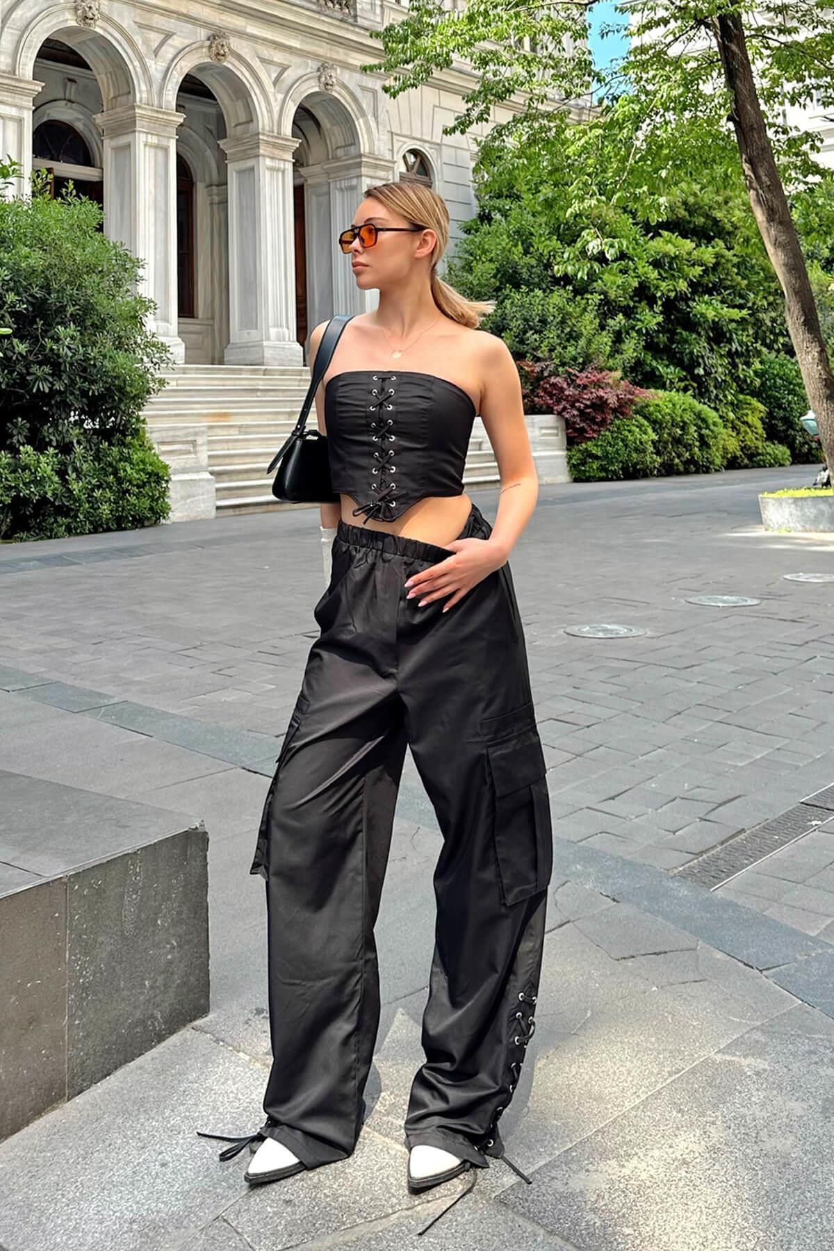 Swist Black Dual Tie Strapless Cargo Pants Women s Parachute