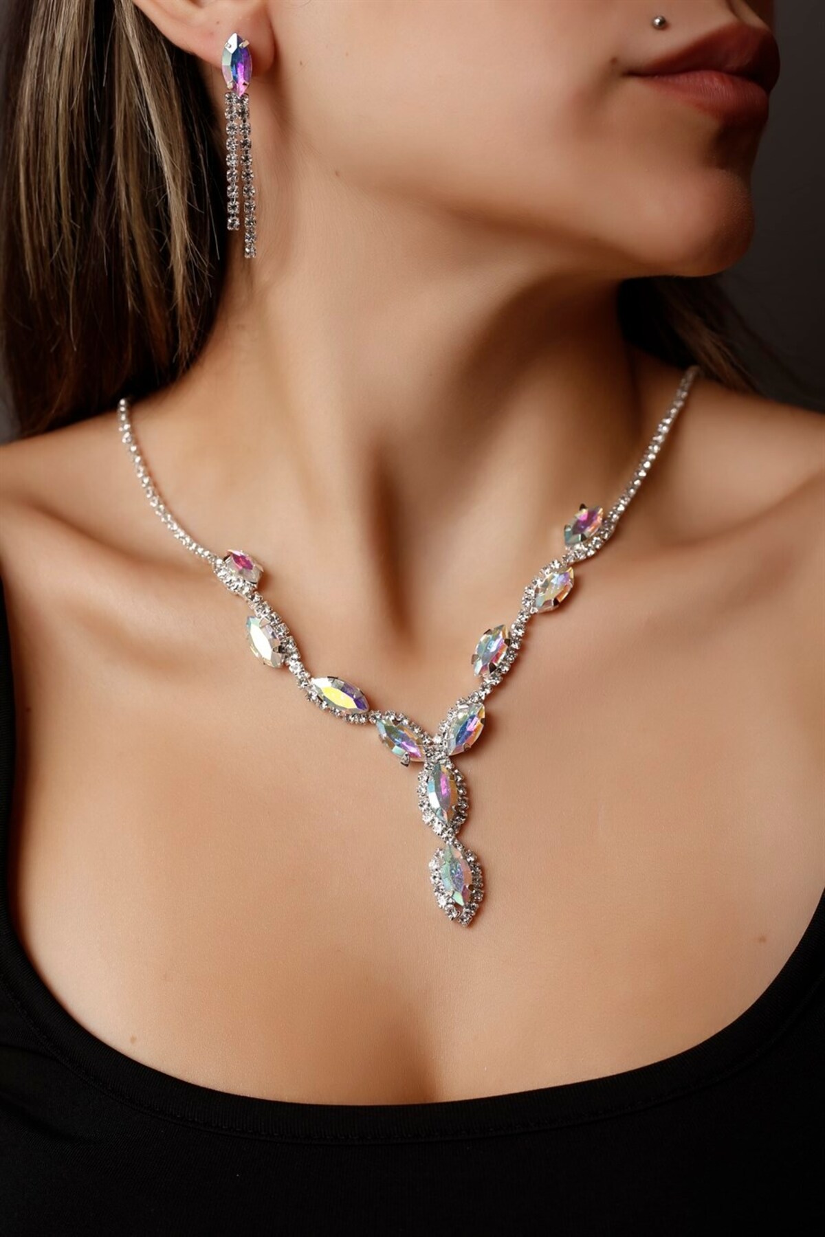 Silver Plated Janjan Crystal Gemstone Necklace And Earrings Set Special Occasion Set Wedding Set Engagement Evening Dress Set G
