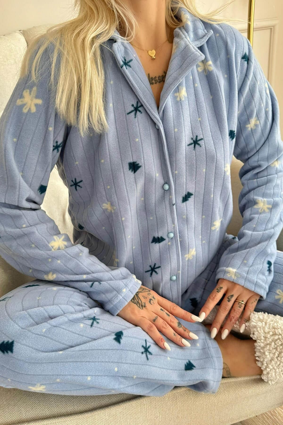 Pijamaevi-Blue Pine Patterned Front Buttoned Plush Fleece Pajama Set 5