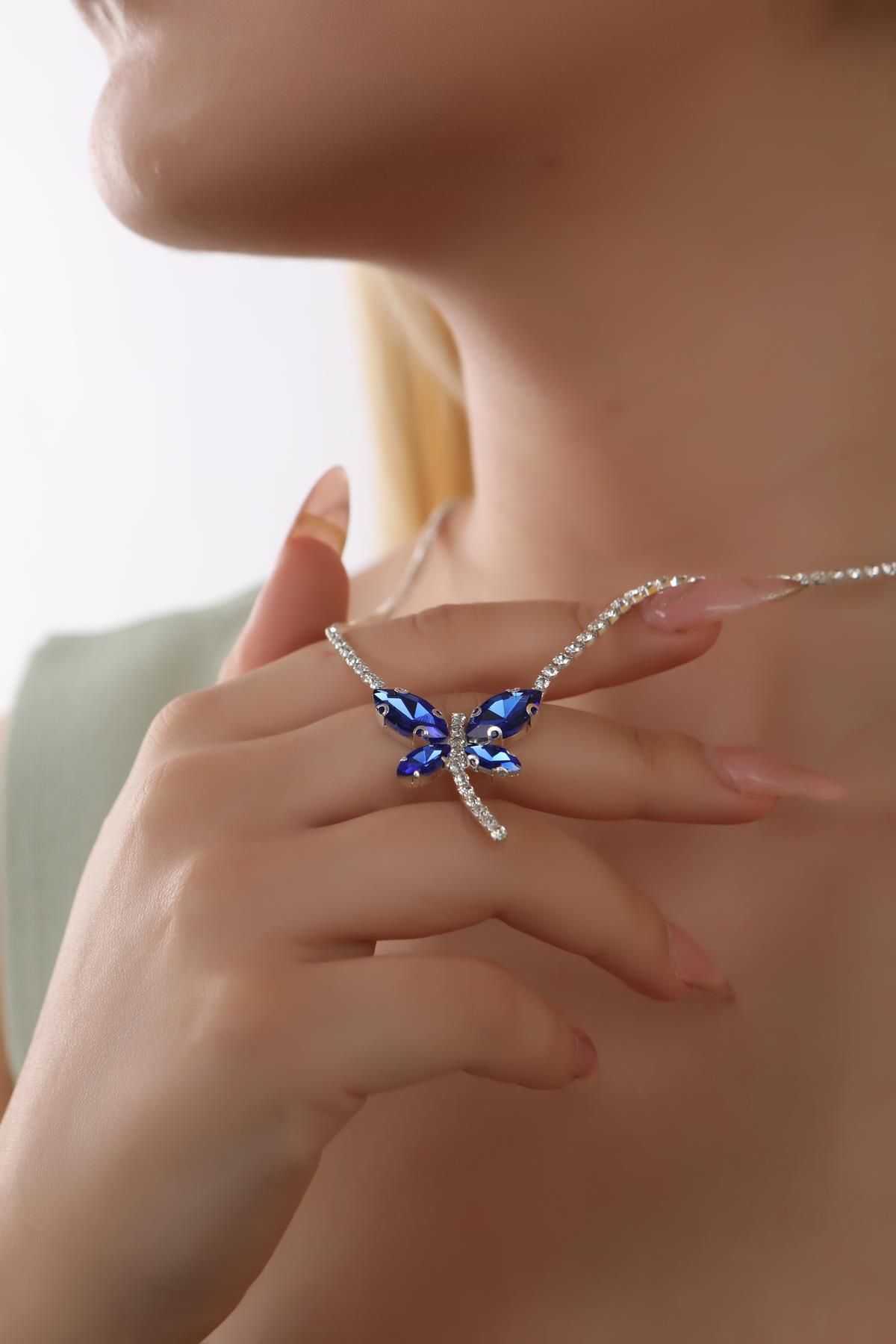 HUBANN Blue Stone Dragonfly Necklace and Earring Set Silver Plated Dragonfly Necklace and Earring Set