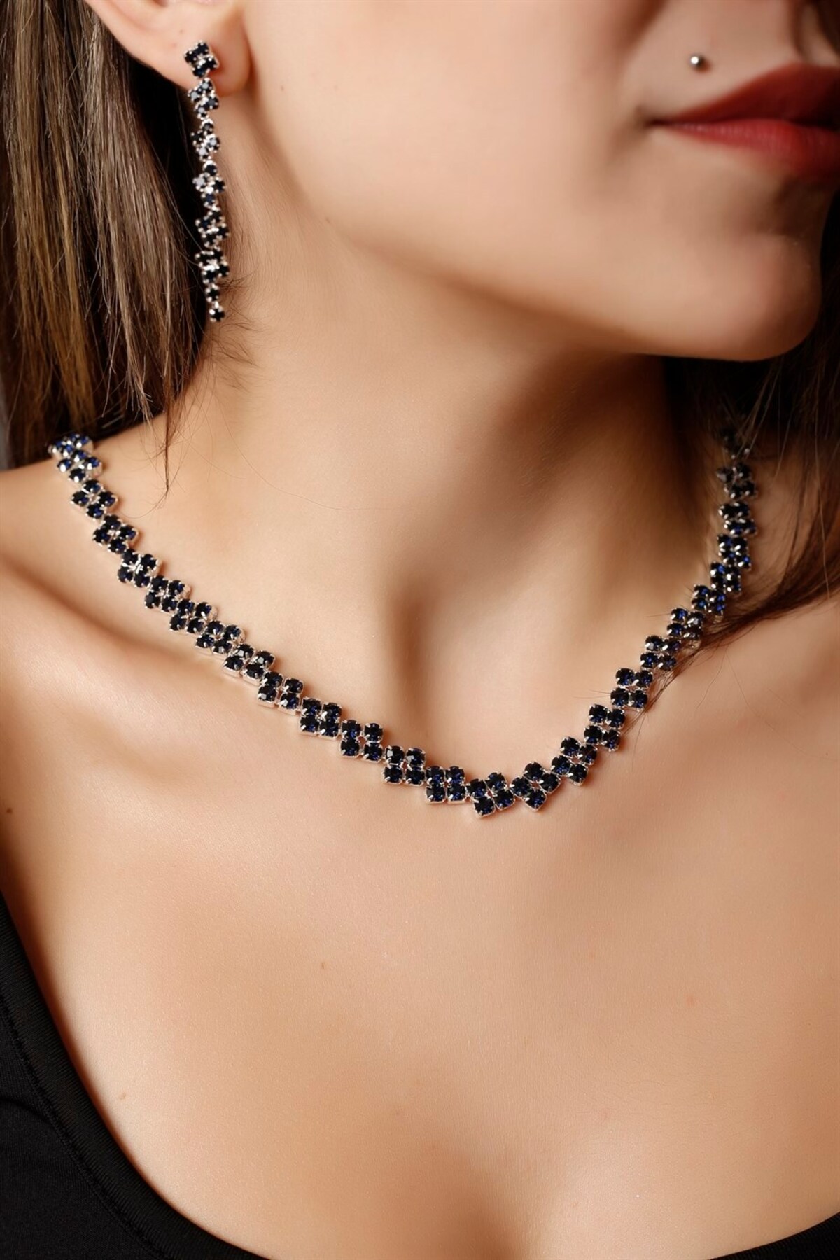 Stylish Navy Blue Diamond Patterned Zircon Gemstone Jewelry Set Diamond Silver Plated Waterway Evening Engagement