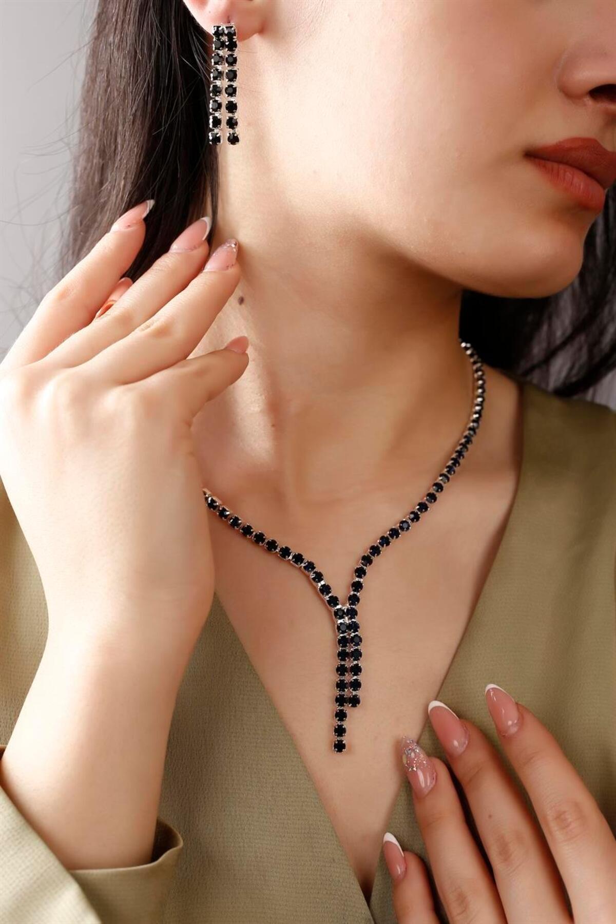 HUBANN Siyah Su Yolu Kolye Ve Küpe Set Özel Günler Düğün Nişan Abiye Set Gerdanlık