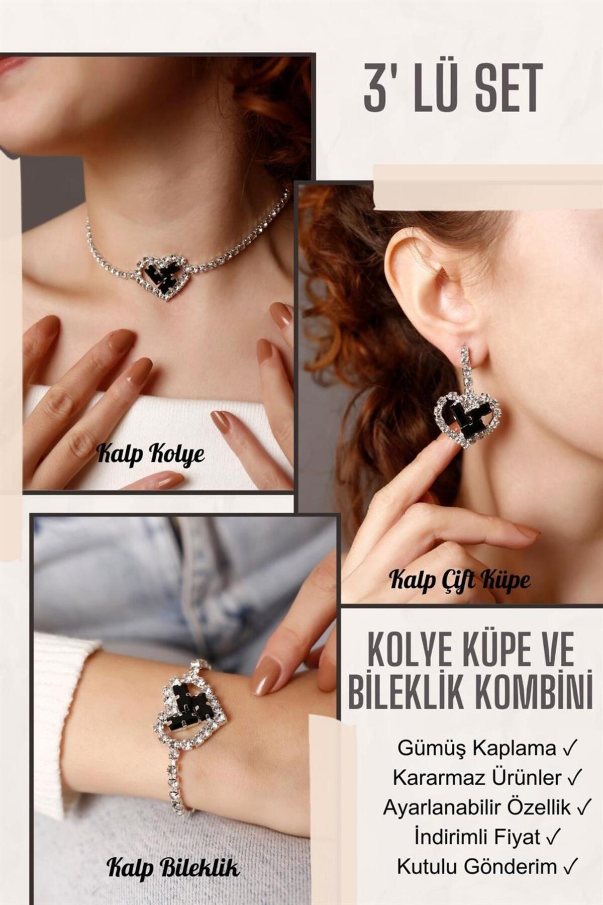 Siyah Taşlı Kalp Desenli 3' lü Set Su Yolu Kolye, Küpe Ve Bileklik Taşlı Stylish Set