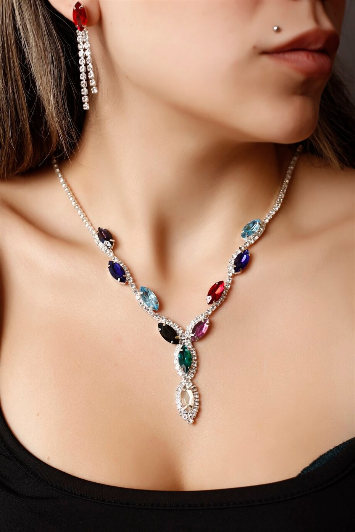 Silver Plated Colorful Crystal Gemstone Necklace And Earrings Set Special Occasion Set Wedding Set Engagement Evening Dress Set G