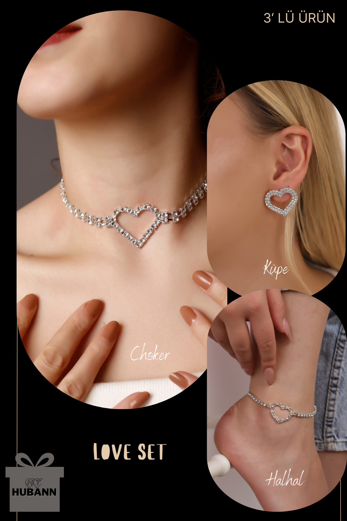 Silver Love 3' lü Set Kalp Choker Kalp Küpe ve Kapl Halhal Su Yolu Seti Aşk Seti Kolye Küpe Halhal S