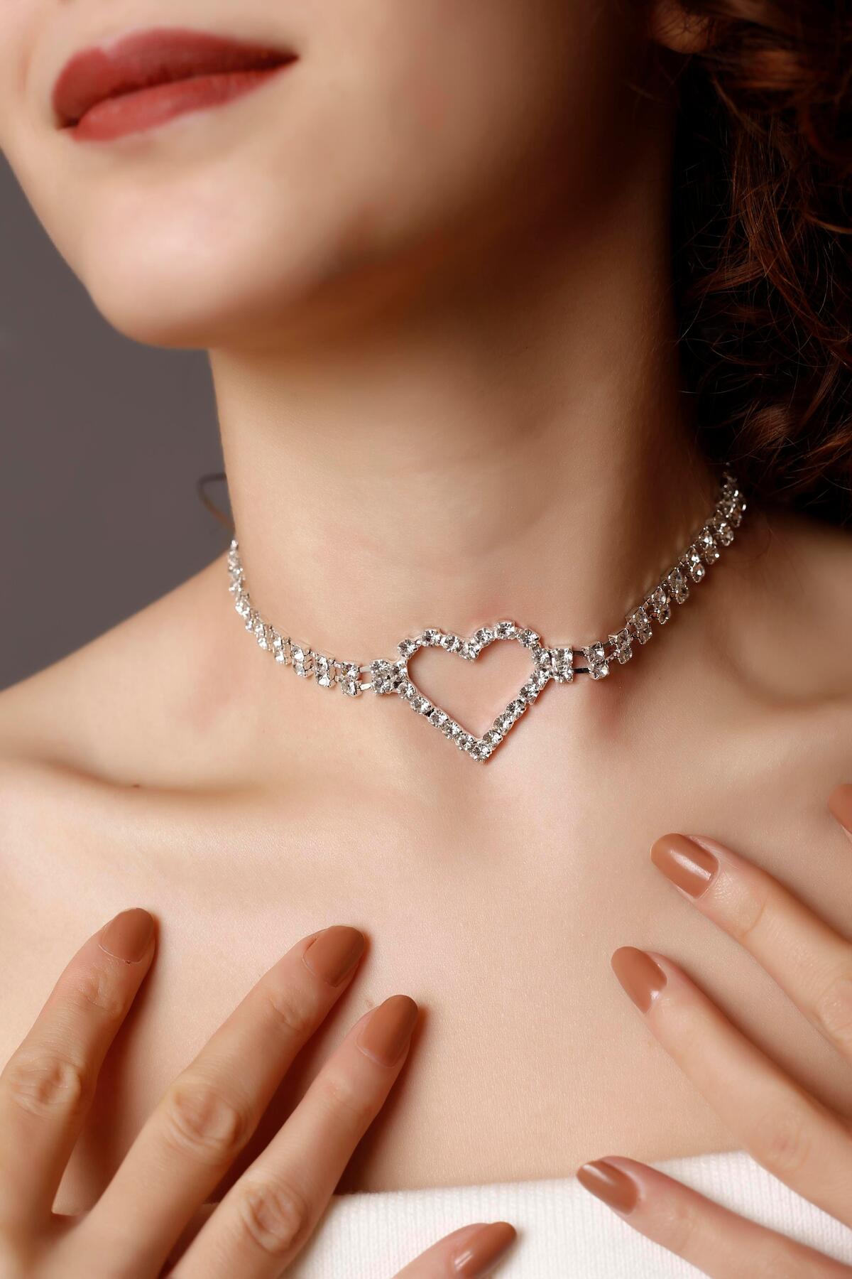 Silver Love 3' lü Set Kalp Choker Kalp Küpe ve Kapl Halhal Su Yolu Seti Aşk Seti Kolye Küpe Halhal S 2