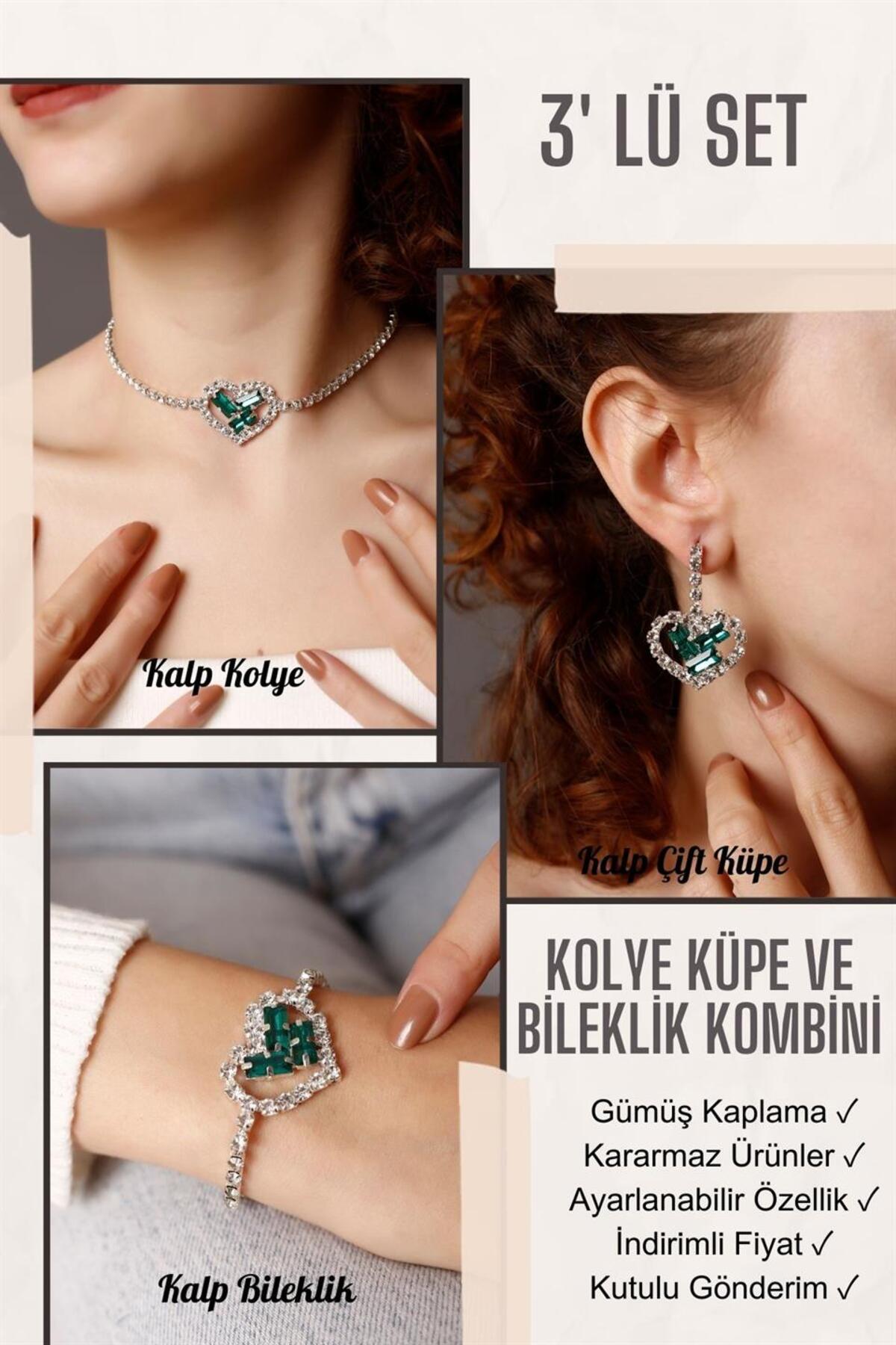 Yeşil Taşlı Kalp Desenli 3' lü Set Su Yolu Kolye, Küpe Ve Bileklik Taşlı Stylish Set