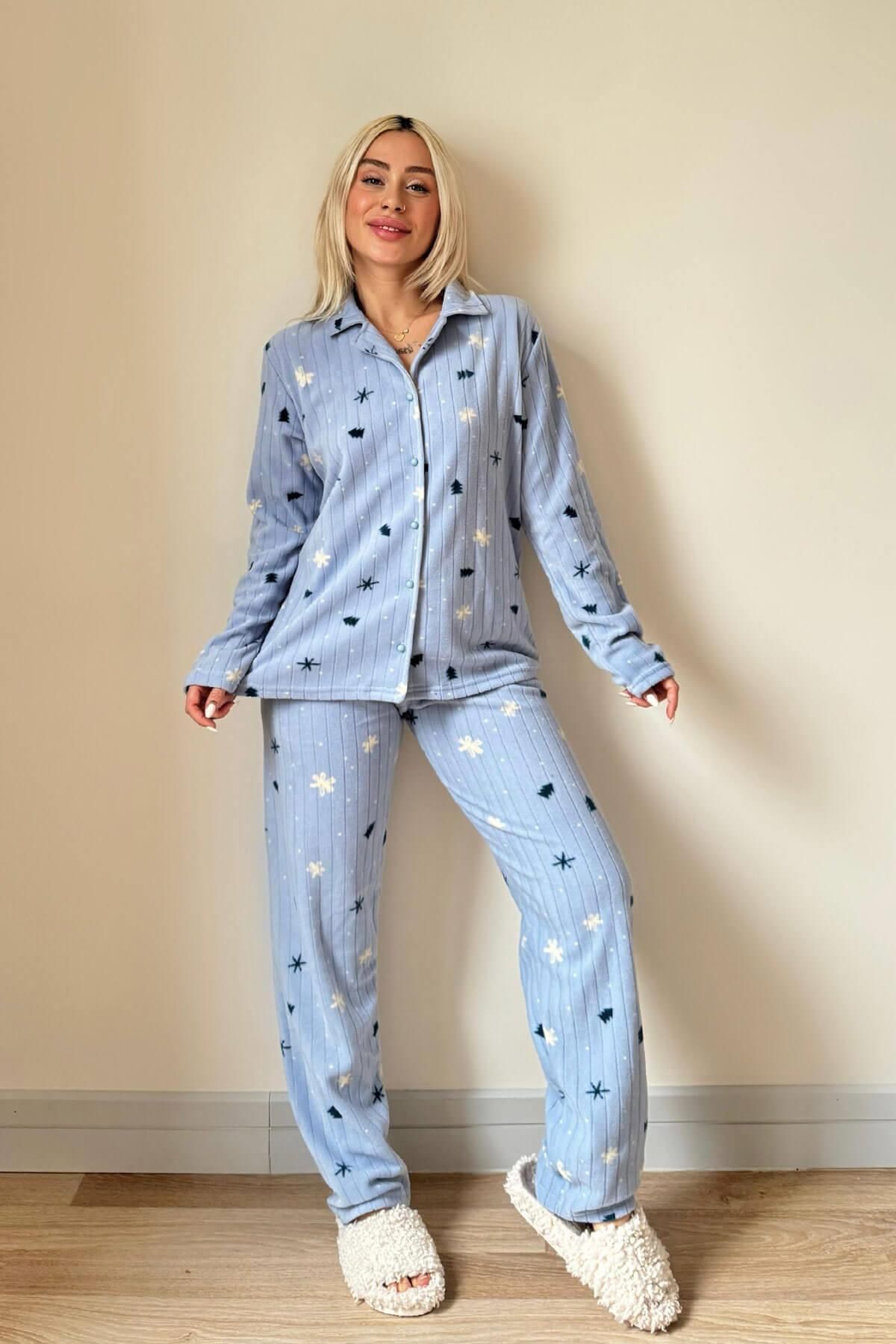 Pijamaevi-Blue Pine Patterned Front Buttoned Plush Fleece Pajama Set 6