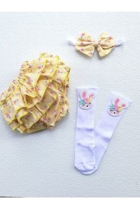 Bebek Sarı Mini Çiçekli Şort Etek, Saç Bandı Ve Dizaltı Çorap Set TYC00143980973