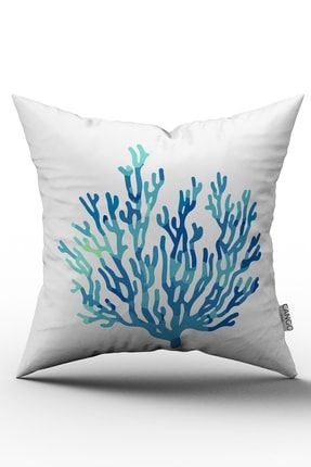 Beyaz Mavi Mercan Marin Desenli Dijital Baskılı Kırlent Yastık Kılfı Cgh529 CGH529