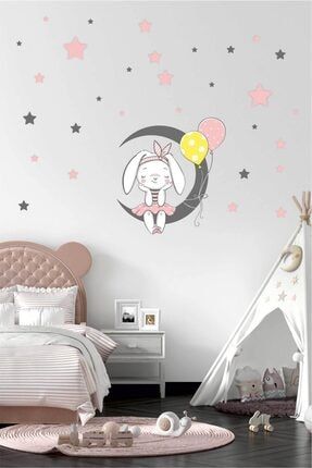 Pembe Sevimli Tavşan ve Ay Çocuk Odası Duvar Sticker bkds004