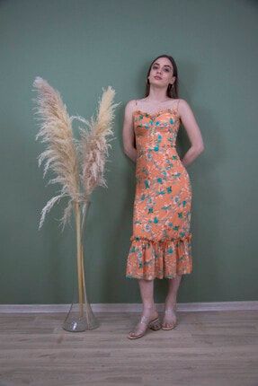 Kadın Somon Çiçek Desenli Göğüs Detaylı Elbise NOSKAYELB000022
