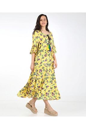 Kadın Sarı Çiçek Desenli Salaş Elbise LVM00009469