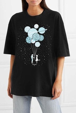Kadın Siyah Balon Gezegenler Oversize Kısa Kollu T-shirt 1M1XW237AS