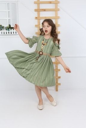 Kız Çocuk Yeşil Kemerli Kolyeli Dantel Elbise 58000056