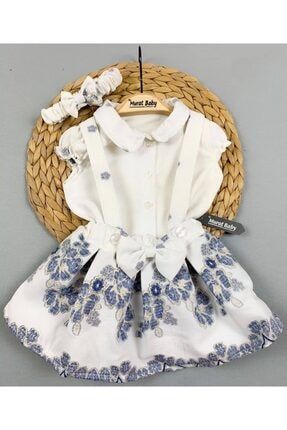 Kız Elbise Tokalı Çiçek Işlemeli Pileli Askılı %100 Pamuk pudrapileli0001
