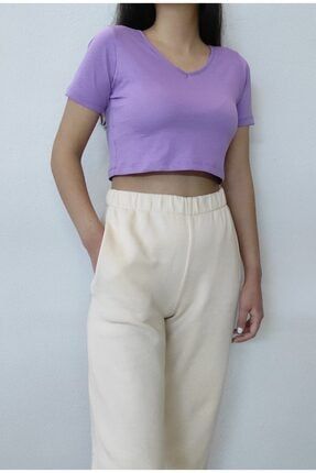 Kadın Lila Crop V Yaka Pamuk Kısa Kol T-shirt BML21-VC031803