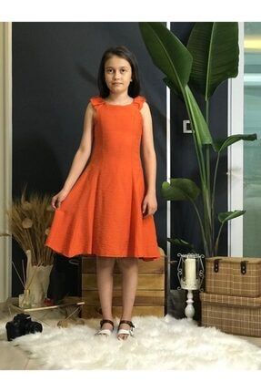Kız Çocuk Kiremit Ayrobin Kumaş Kolsuz Elbise WECAN 20199 KİREMİT ELBİSE