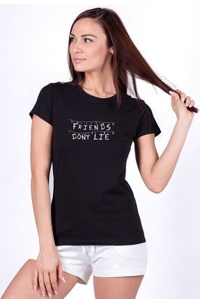 Stanger Things Friends Don't Lie Işıklı Baskılı Siyah Kadın Örme Tshirt T-shirt Tişört T Shirt SFK0099KDNTS