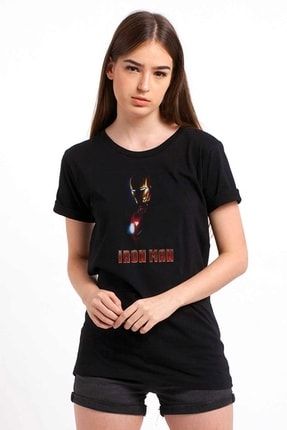 Iron Man Baskılı Siyah Kadın Örme Tshirt SFK0861KDNTS