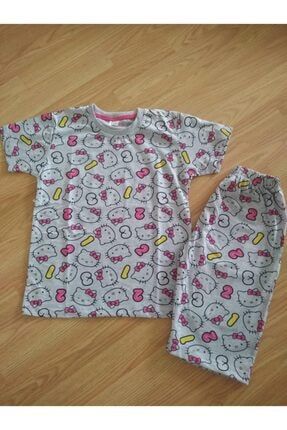 Kız Çocuk Gri Renk Kedi Desenli Kısa Kollu Pijama Takımı 3179812