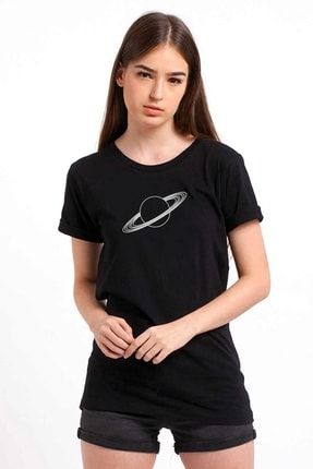 Gezegen Satürn Siyah Ve Beyaz Jüpiter Baskılı Siyah Kadın Örme Tshirt T-shirt Tişört T Shirt RF0970-KDNTS