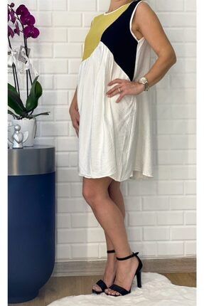 Kadın 3 Renkli Salaş Keten Elbise Beyaz BT0023-1
