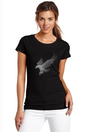 Kel Kartal Kuşu Kanatları Parçacıklar Baskılı Siyah Kadın Örme Tshirt RF0702-KDNTS