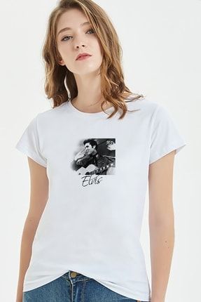 Elvis Presley Metal Rock Muzik Grubu Baskılı Beyaz Kadın Örme Tshirt BGA1909KDNTS