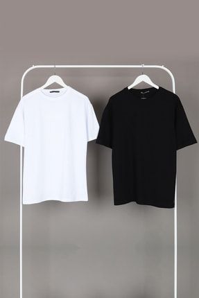 Unisex Siyah ve Beyaz Oversize Düz Basic Pamuk Örme T-shirt 2'li Paket 10500