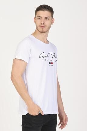 Erkek Slim Fit Baskılı T-shirt Beyaz 2732GYMDU