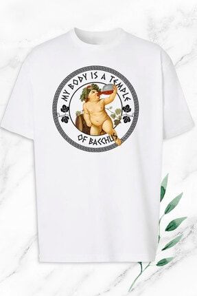 Unisex Beyaz Oversize Mitoloji Şarap Tanrısı Dionysos Heykel Baskılı Tişört OVR 144