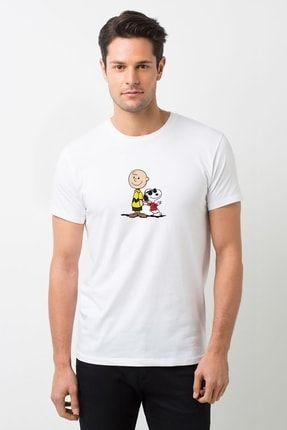 Charlie Brown And Snoopy By Snoopy Baskılı Beyaz Erkek Örme Tshirt T-shirt Tişört T Shirt BGA1813ERKTS