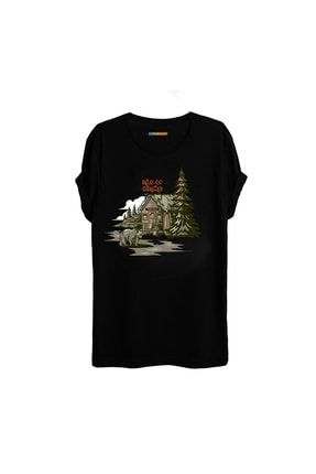 Unisex Siyah Kinot Kamp Temalı Baskılı T-shirt CM202100017B