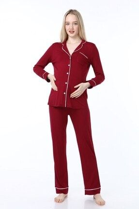 Kadın Bordo Düğmeli Biyeli Hamile Pijama Takımı MYRA9553