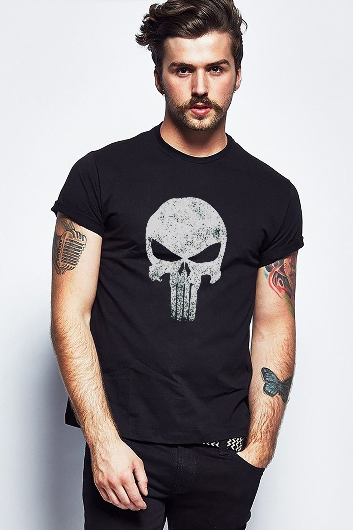 QIVI Tricou Tricotat Pentru Bărbați Negru Cu Imprimeu Punisher. Tricou. Tricou Masculin - S