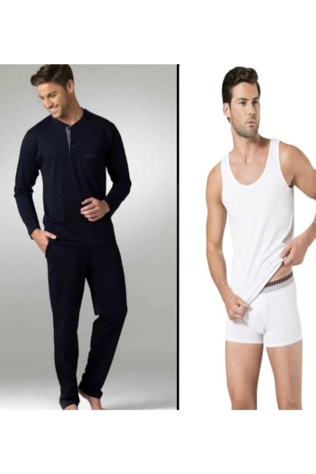 ست پیژامه آبی مردانه لباس خواب سرمه ای، زیرپیراهن سفید و باکسر Pierre Cardin