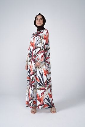 Kadın Kırmızı Palmiye Desen Mikro Kumaş Uzun Vera Elbise 1-MK-100-5