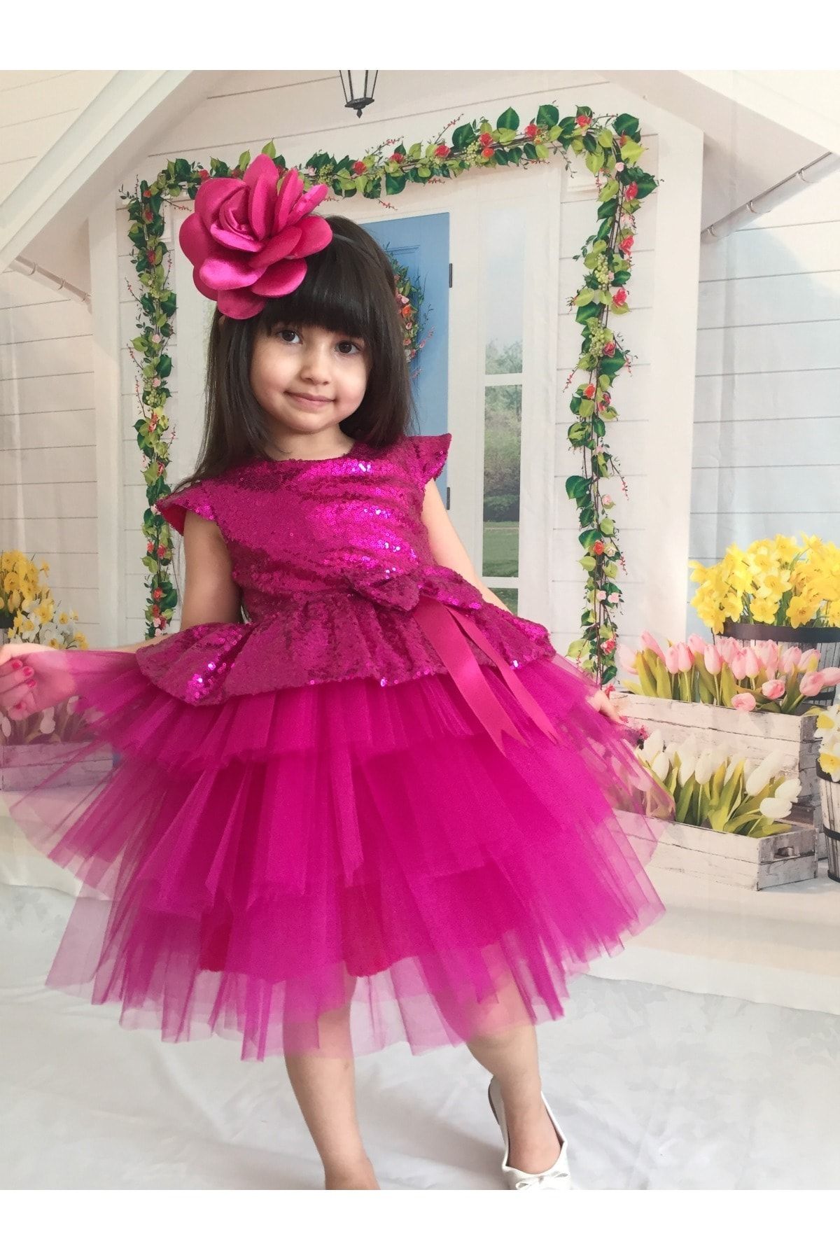 Sevimlice Kids-Rochie de seara de zi speciala pentru ziua de nastere fucsia Rochie cu paiete 2