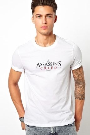 Creed Logosu Assassins Creed Tam Logosu Baskılı Beyaz Erkek Örme Tshirt T-shirt Tişört T Shirt RF0742-ERKTS