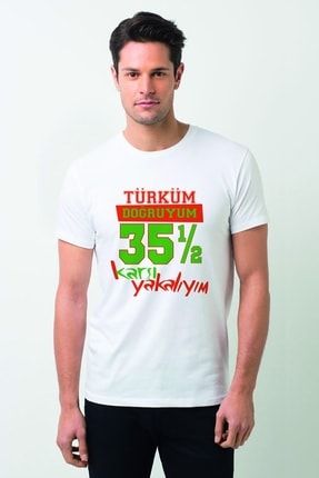 Türküm Doğruyum Karşıyakalıyım Izmir 35,5 Baskılı Beyaz Erkek Örme Tshirt T-shirt Tişört T Shirt BGA2728ERKTS