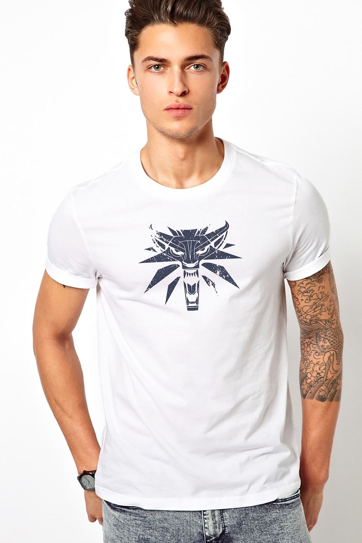 QIVI Tricou Tricotat Pentru Bărbați Alb Cu Imprimeu Witcher. Tricou. Tricou Masculin - XL