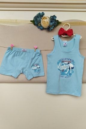 Erkek Çocuk-bebek Mavi Pamuklu Sörfçü Desenli Atlet Boxer Külot Çamaşır Takımı 72682