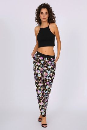 Kadın Siyah Çiçek Desenli Rahat Pantolon s0411101025-slct