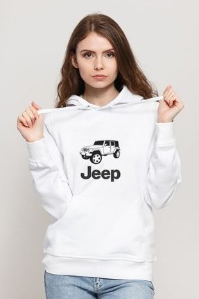 Jeep Baskılı Beyaz Kadın Örme Kapşonlu Sweatshirt Uzun Kol BGA2063-KDNKP