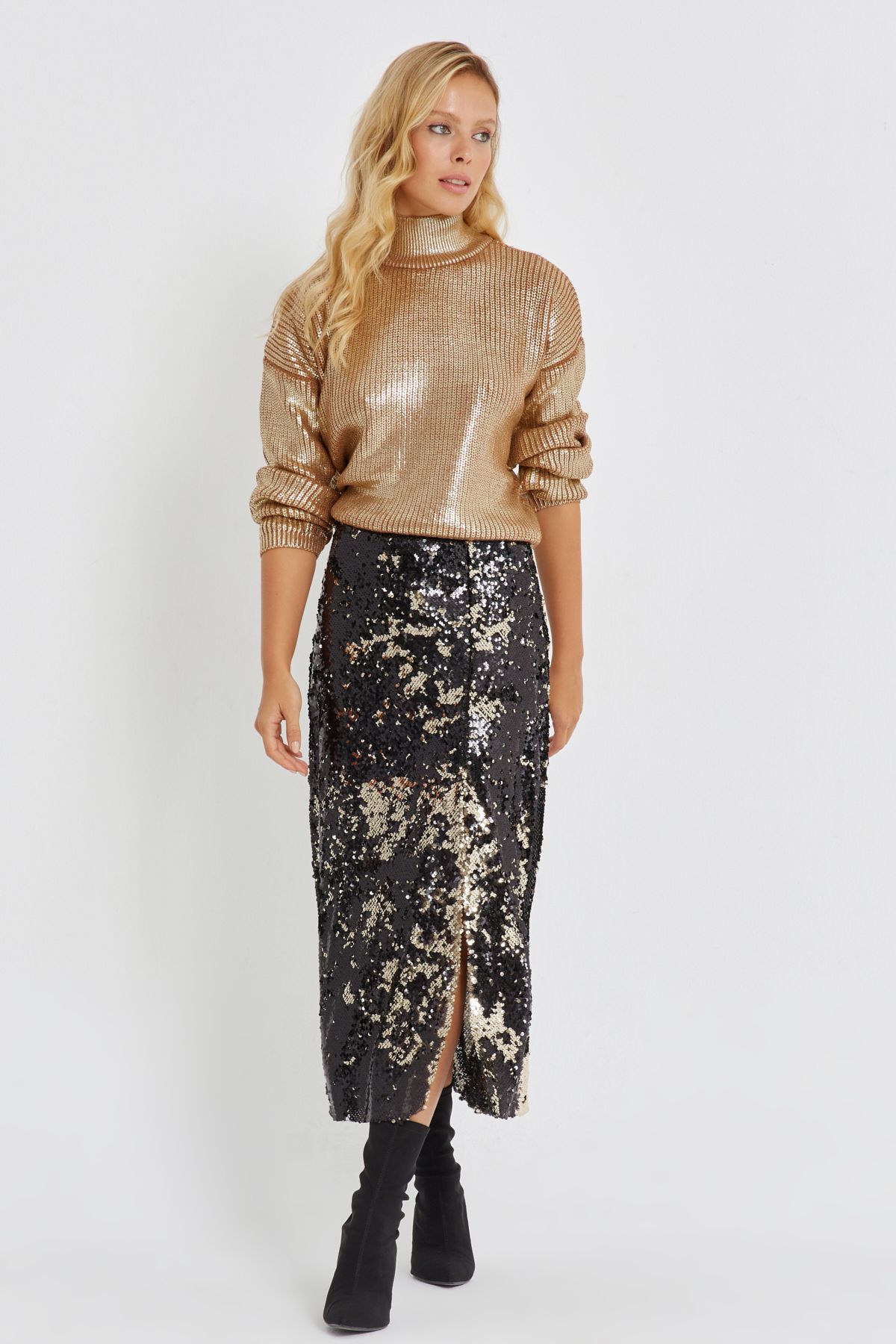Black gold midi deals skirt