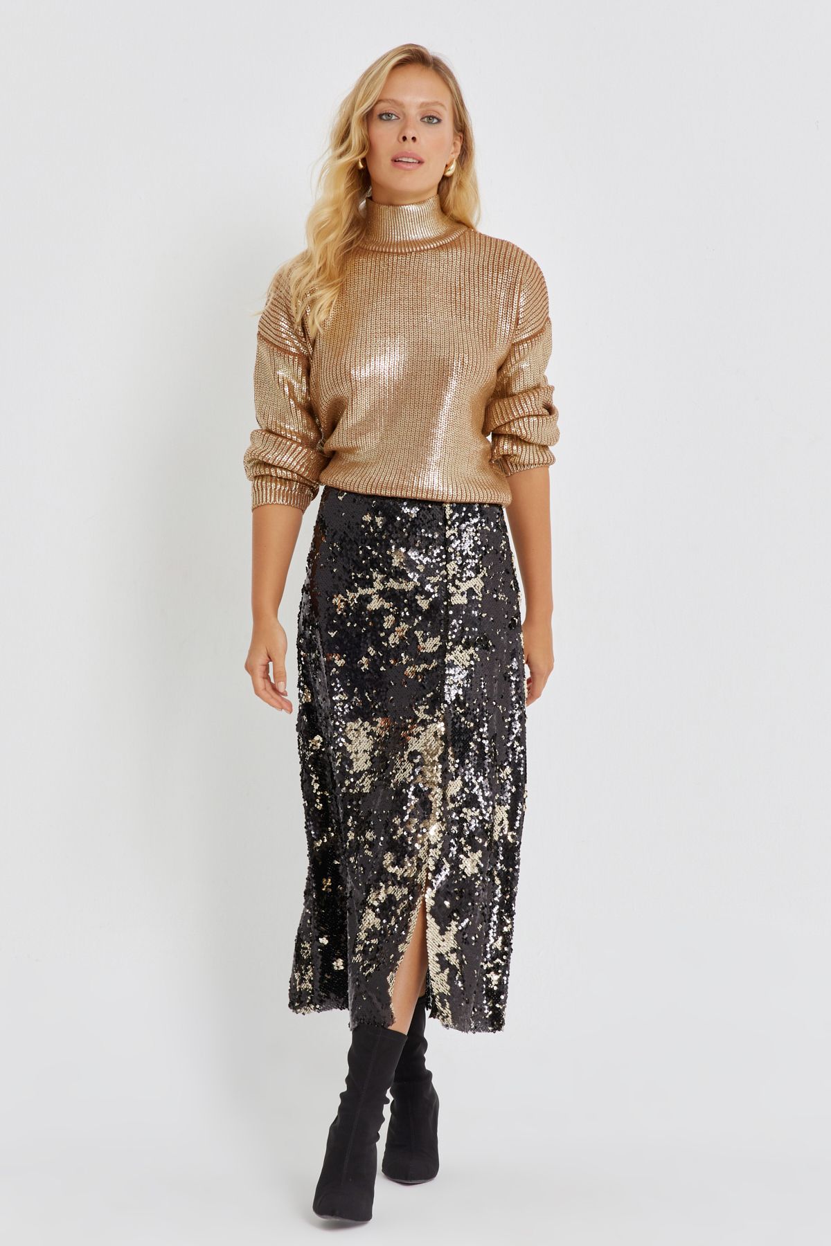 Black gold midi deals skirt