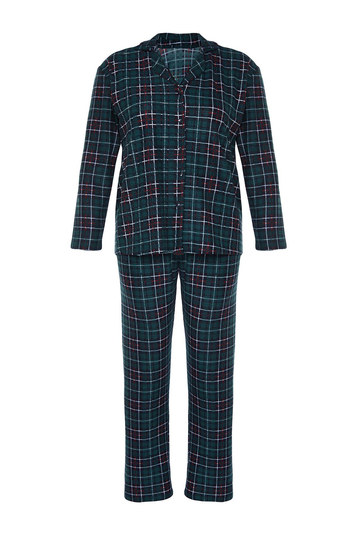 Trendyol Curve-Grünes Pyjama-Set aus Strick mit kariertem Hemdkragen - TBBAW24AI00033 7