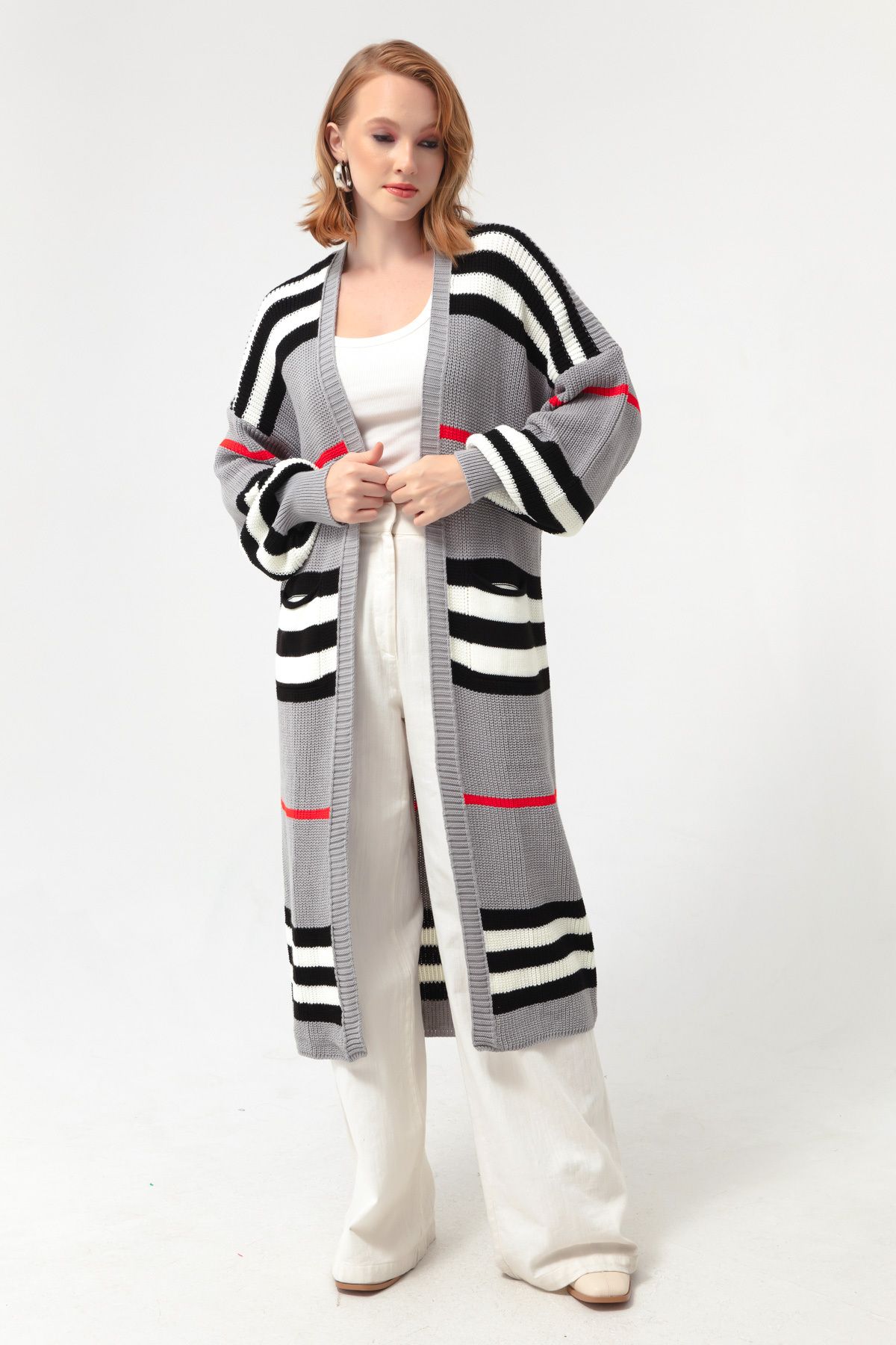 Lafaba-Cardigan lung de tricot cu mânecă cu balon gri-alb pentru femei 3
