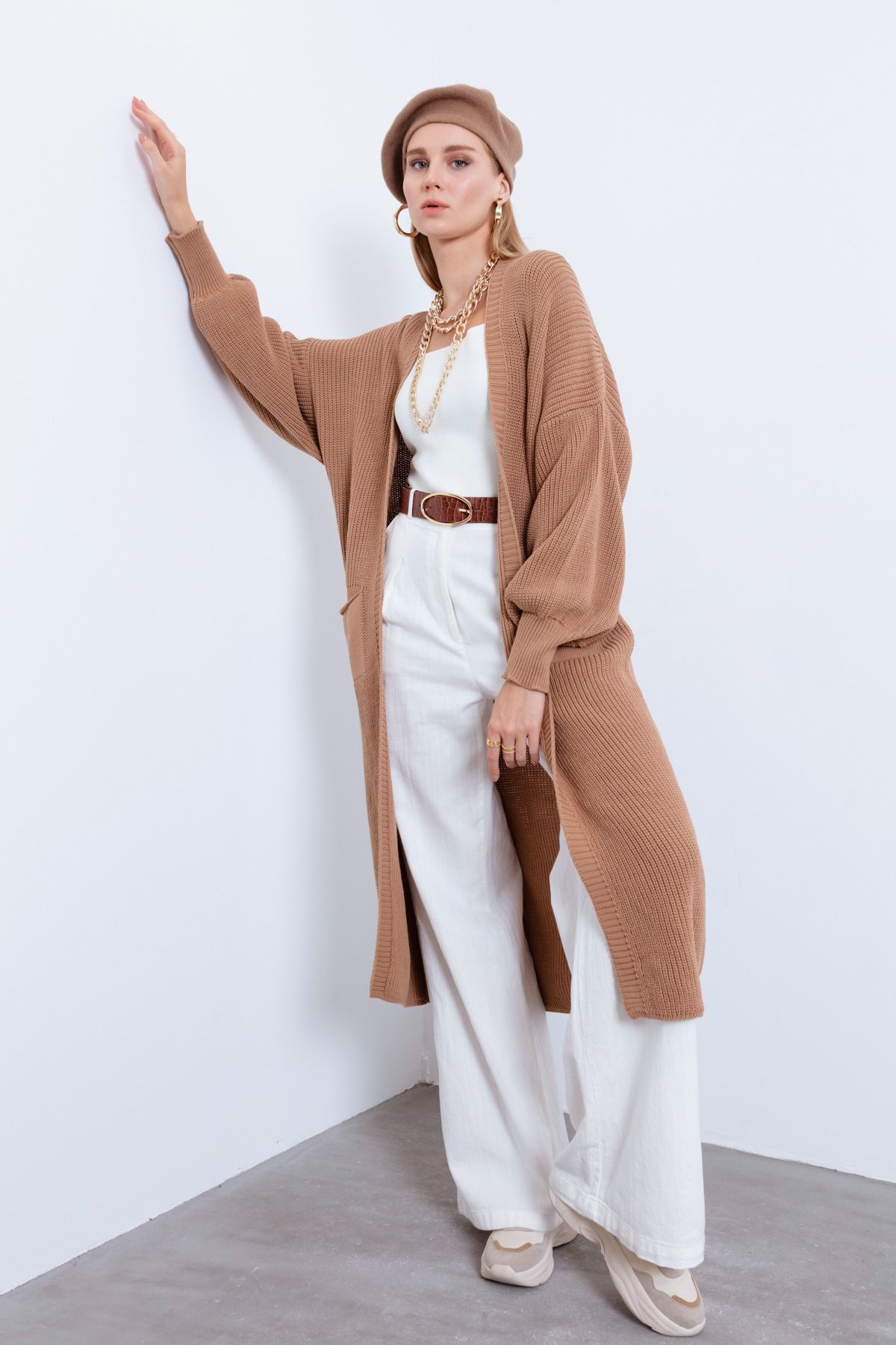 Lafaba Women s Tan Balloon Sleeve Long Cardigan Trendyol